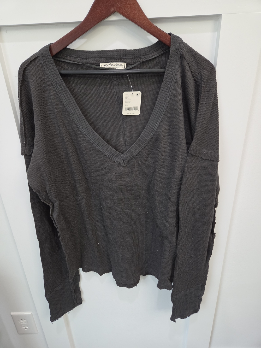 We The Free Charcoal V-Neck Waffle Knit Pullover